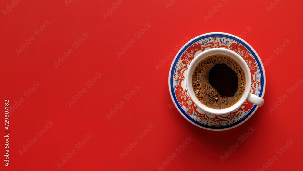 Top view of a traditional turkish coffee with porcelain cup isolated on red background. - obrazy, fototapety, plakaty 