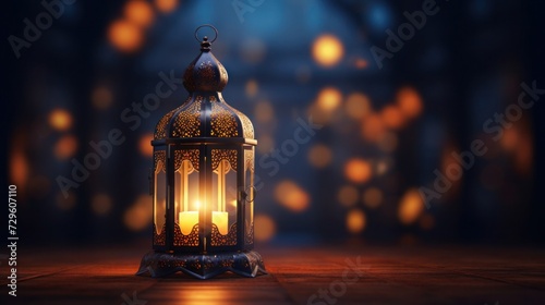 Ornamental Arabic lantern with burning candle glowing, Copy space