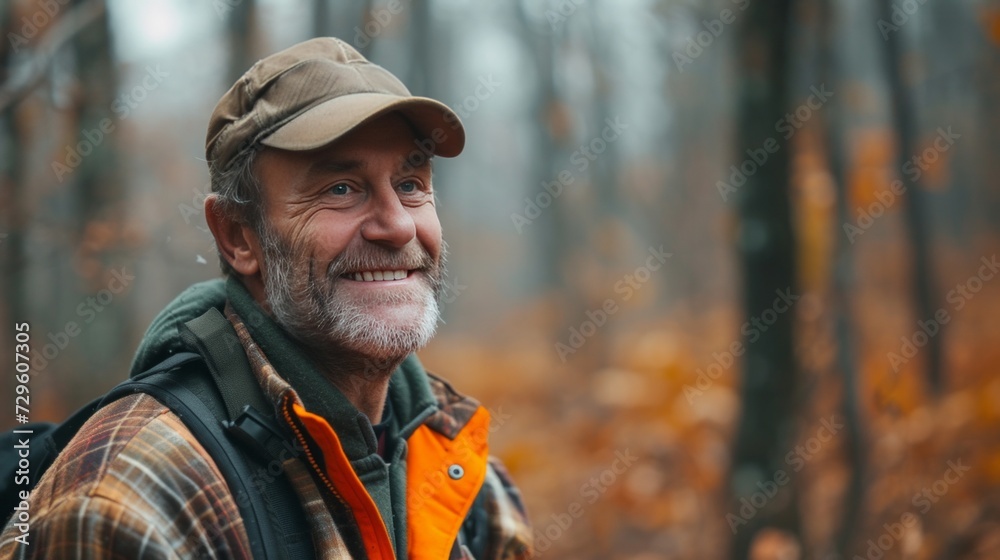 An enthusiastic woodsman, his grin reflecting the excitement of the hunt