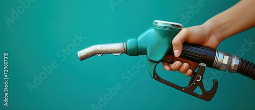 Hand holding a fuel dispenser on a green background photo
