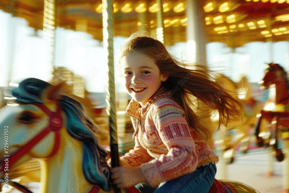 little girl expressing excitement on colorful carousel, merry go round, having fun at amusement park