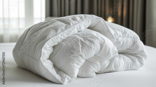 A white duvet neatly folded on a white bed background is the perfect household accessory for the colder months photo