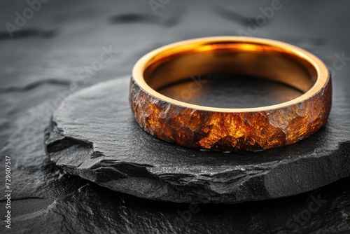 A gold ring stood out on the dark stone pedestal. photo
