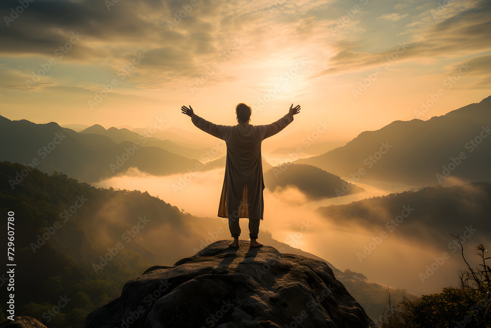 tourist on the top of the mountain with his hands raised. trekking and nature walks tourist on the top of the mountain with his hands raised. trekking and nature walks