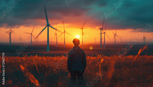 engineer standing in a field looking at wind turbines