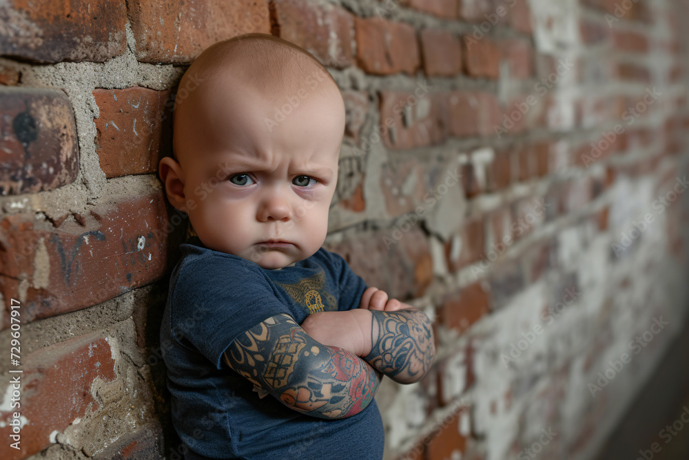 A bad boy baby with tattoos leaning against a wall A bad boy baby with tattoos leaning against a wall