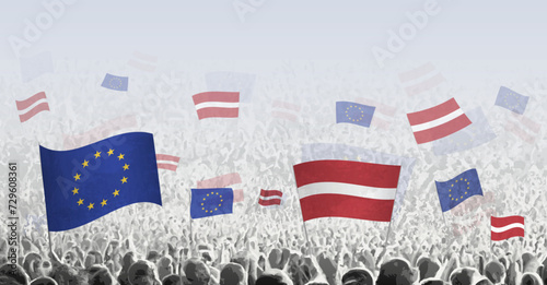 Crowd with flag of European Union and Latvia, people of Latvia with flag of EU.