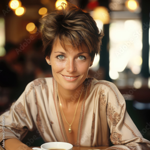 Portrait of a mature woman with short hair and stylish clothes in a cafe  restaurant. Concept of middle aged  elderly  retired people  second part of life