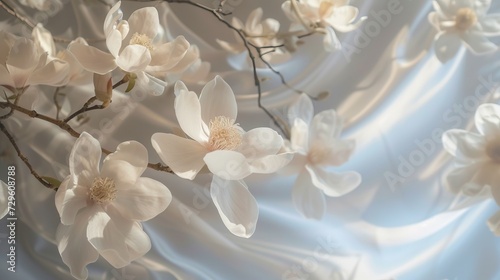 Ethereal white magnolia flowers illuminated by gentle light © StasySin