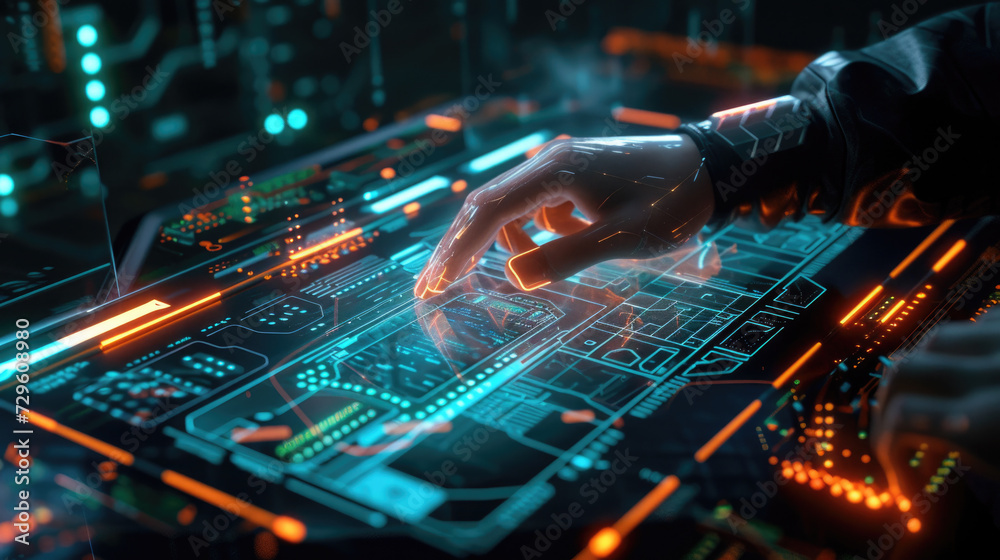 AI robot uses digital touch screen of control panel in spaceship or command center, hand and futuristic dashboard. Concept of hud and ui tech, data, monitor, technology, interface AI robot uses digital touch screen of control panel in spaceship or command center, hand and futuristic dashboard. Concept of hud and ui tech, data, monitor, technology, interface