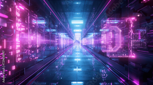 Digital tunnel in cyberspace or futuristic data center  abstract background. Perspective view of tech space with neon cyber database. Concept of technology  future  network  security