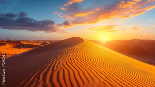 Warm  earthy tones and shifting sand dunes capture the serene beauty of a desert landscape during sunset.
