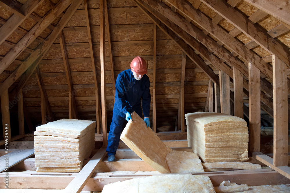 Roof insulation. A worker puts glass wool insulation in the attic.