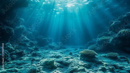 Deep blues and emerald greens depict the mysterious world beneath the ocean's surface,