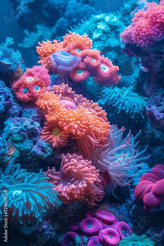 Underwater corals in various shades of blues and pinks replicate the mesmerizing beauty of a coral reef © yganko