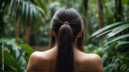 Back view of beautiful natural beautiful women enjoying view of tropical rainforest. Concept of wellbeing, mindfulness and connection with nature. © triocean