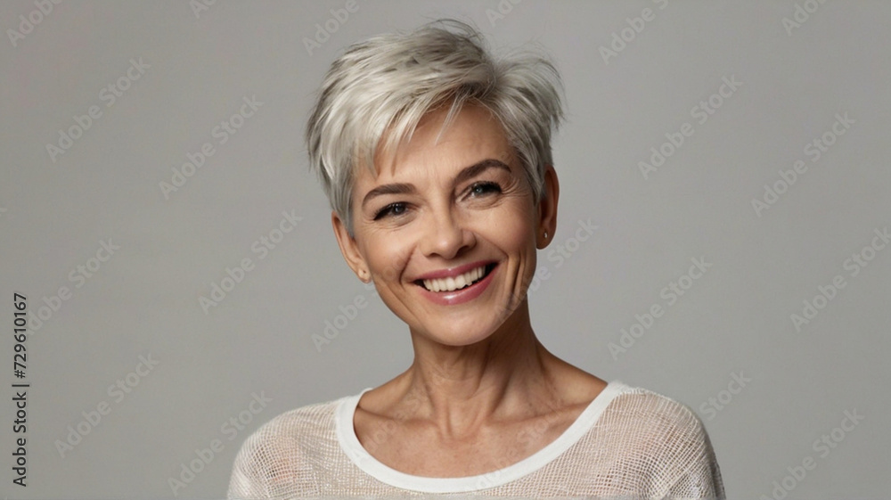Beautiful well-groomed middle aged women with grey androgynous short hair and make up Beautiful well-groomed middle aged women with grey androgynous short hair and make up