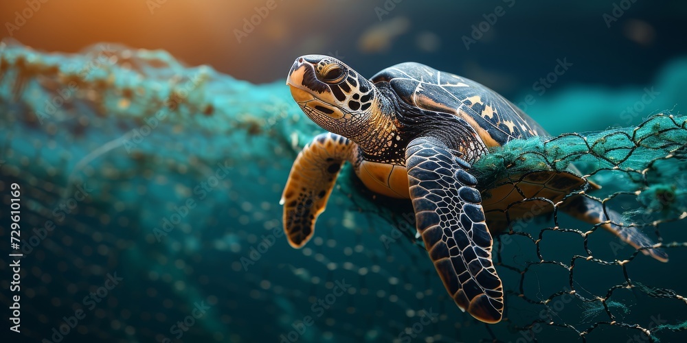 Obraz premium Entangled Existence: A Sea Turtle Trapped in a Fishing Net, A Stark Reminder of the Environmental Challenges Facing Marine Life, Generative AI