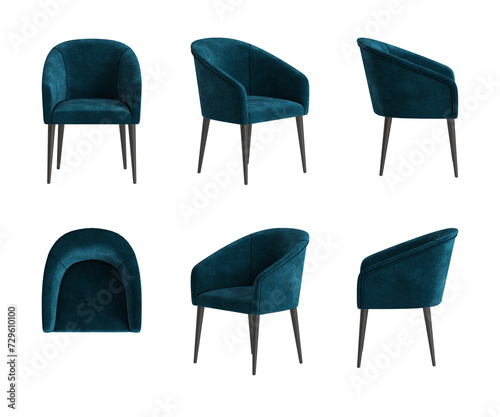 Set of six views of a chair with a quilted back, velvet dark blue cover and four black legs isolated on a transparent background. Front view, top view, two sides, and two perspectives. 3d render
