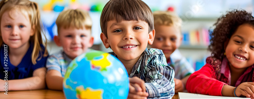 A child in a school class, behind a globe photo