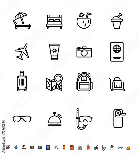 Set of vector linear and color icons. Travel.