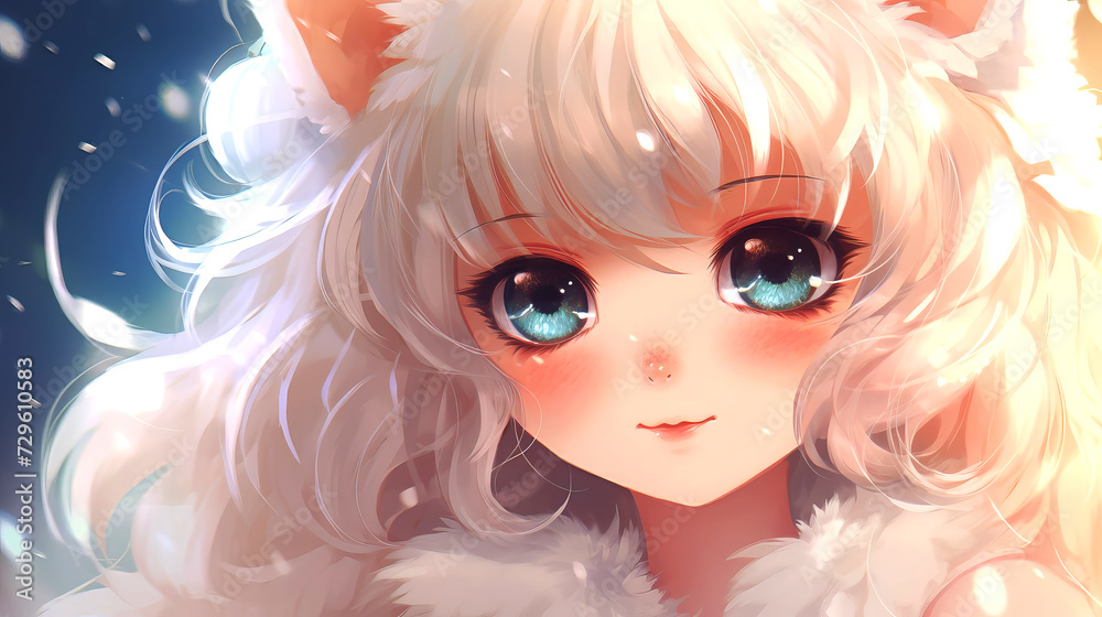 Beautiful princess girl with large expressive eyes in clothes made of cream feathers, a magnificent hairstyle, on an abstract background. Ears.