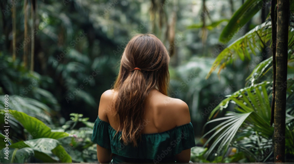 Back view of beautiful natural beautiful women enjoying view of tropical rainforest. Concept of wellbeing, mindfulness and connection with nature. Back view of beautiful natural beautiful women enjoying view of tropical rainforest. Concept of wellbeing, mindfulness and connection with nature.