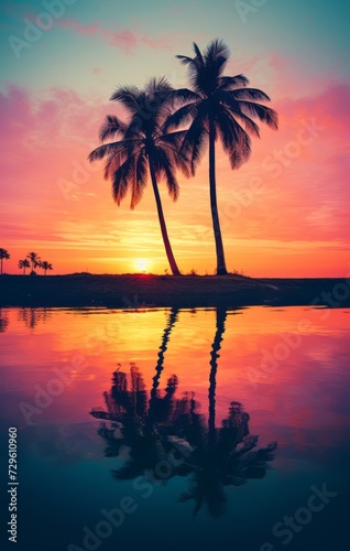 Modern background for cellphone, mobile phone, ios, android, palm trees in silhouette at a sunset