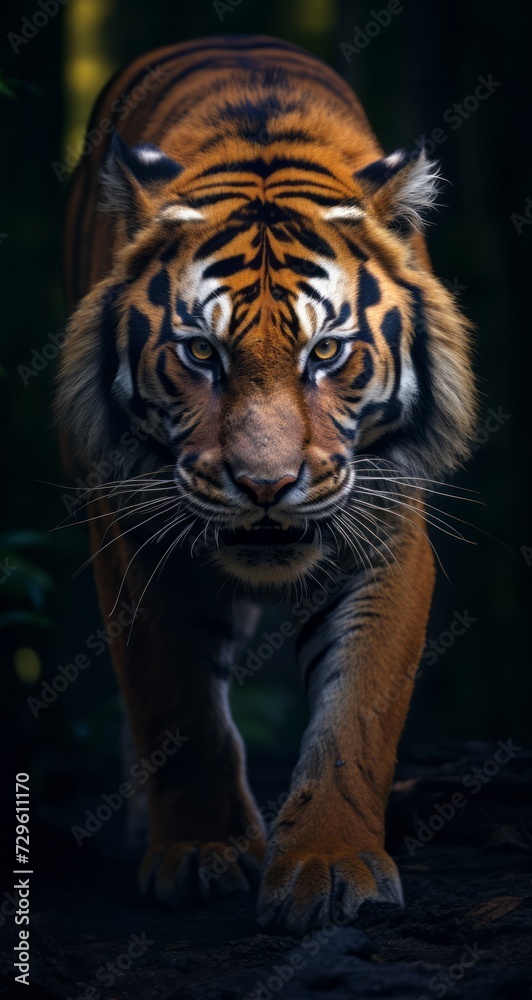 Fototapeta premium Modern background wallpaper for cellphone, mobile phone, ios, a beautiful tiger staring into the dark.