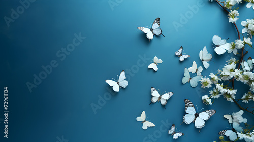 Blue butterflies on a blue background,, butterfly with white flowers on the blue background, Free Photo