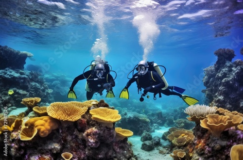 Two divers and some corals in a shallow water reef © Marharyta