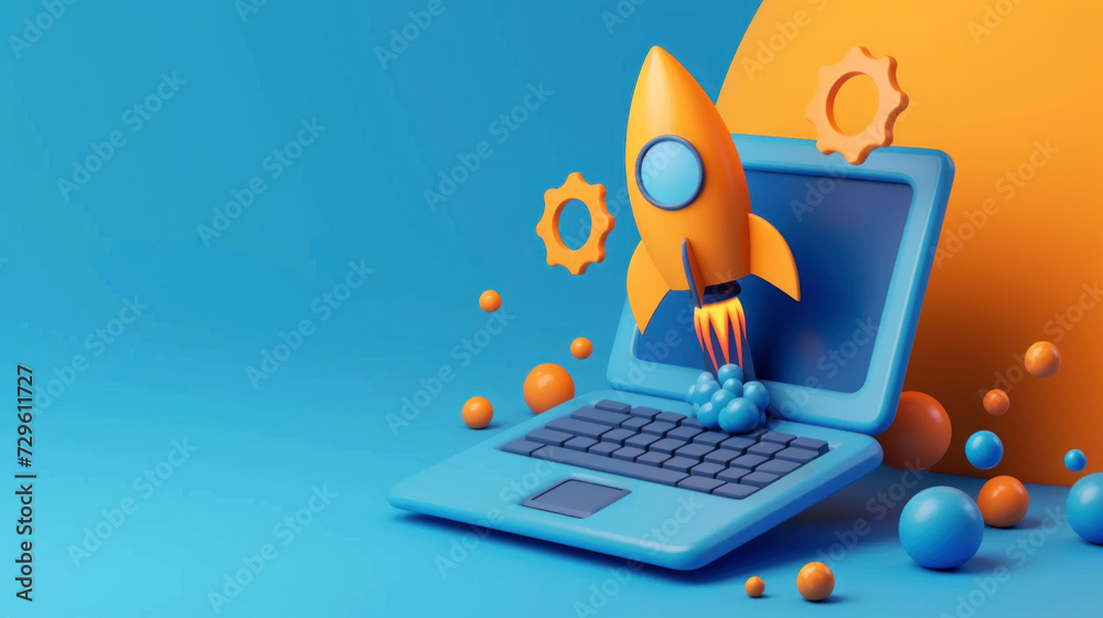 Laptop With Rocket Ship Emerging, start up business connection Laptop With Rocket Ship Emerging, start up business connection