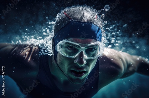 Swimmer is swimming underwater with a swim cap. © Marharyta