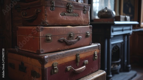 Vintage old classic travel leather suitcases., Old vintage bag suitcases. Generative Ai