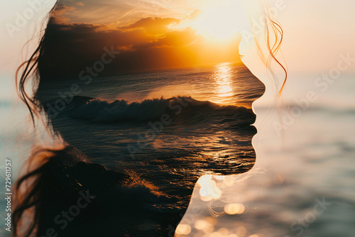 Mindfulness, meditation and breathing concept, double exposure of a woman, and a beautiful sunset over the ocean photo