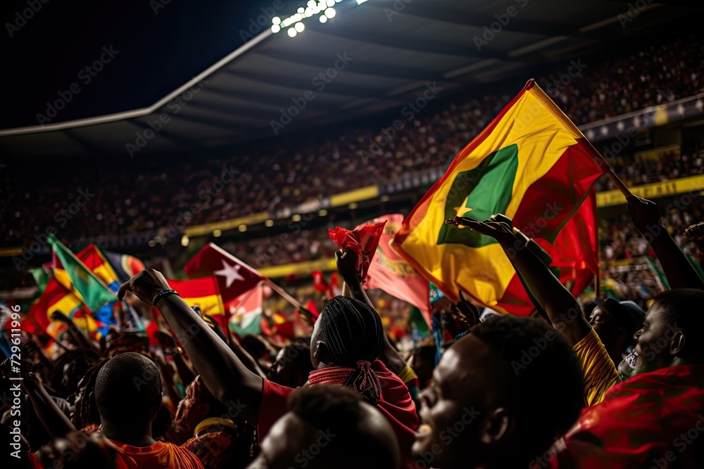 Energetic crowd waves national flags at a nighttime sporting event in ghana.