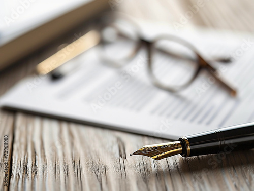 insurance policy document with a fountain pen and glasses, on a polished wooden desk photo