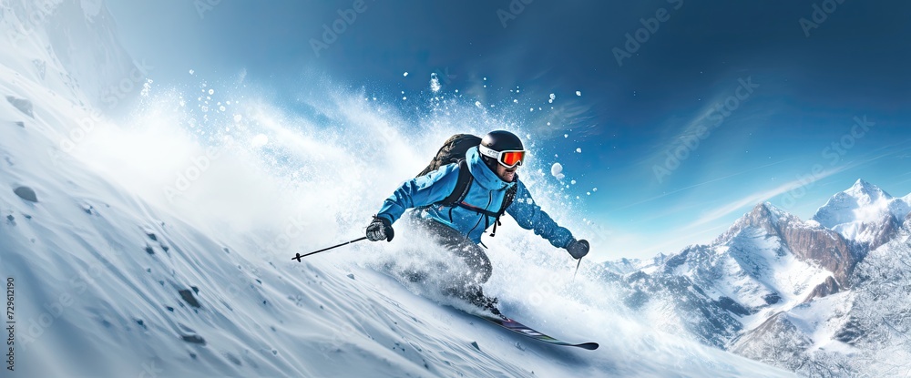 Expert Skier Descending a Snowy Mountain Slope at High Speed