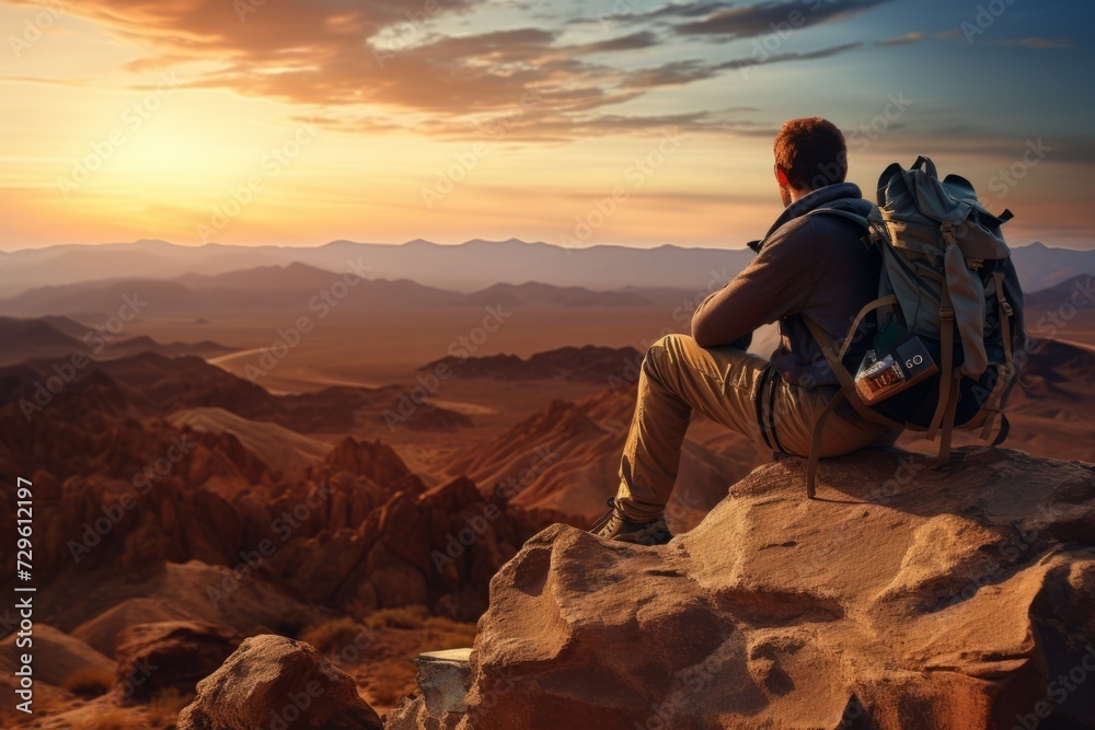 Backpacker man sitting on the top of a valley contemplating the magical views at sunrise