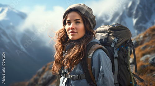 beautiful young woman tourist with a backpack travels on a hiking trip in the mountains. tourism and outdoor travel. © photosaint