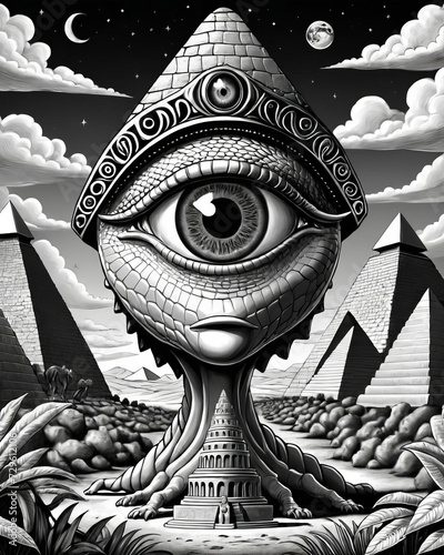 Eccentric Illuminati Scene - Reptilian Eye, Alien, Money Tree, and Sphinx in Cartoonish Illustrations Gen AI photo