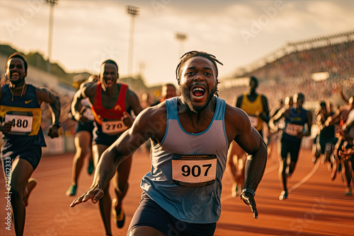 Elated athlete crossing the finish line at a track event during sunset.