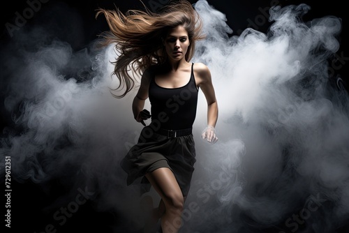 Health sport young woman running with smoke on black background