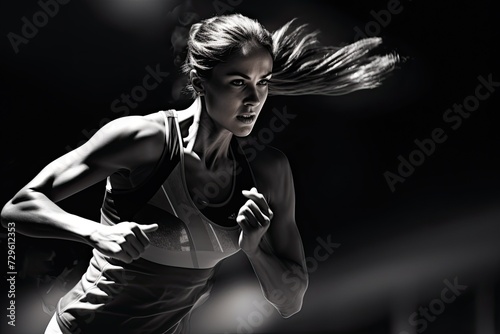 Model athlete runs on black background. Fit woman exercising