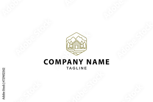 summer mountain cabin minimalist line art badge logo icon template vector illustration design.