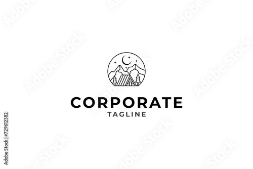 Natural Cottage Logo Concept with Pine Trees and Mountain Landscape View in night scene in Frame.