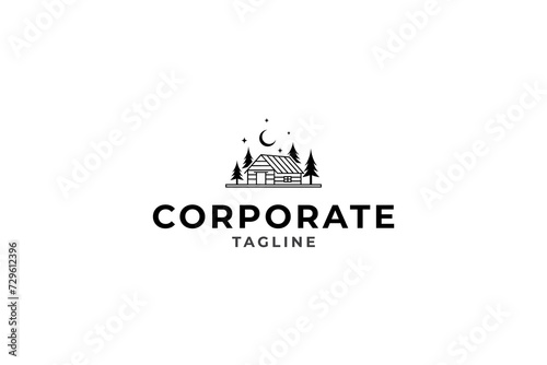 Natural Cottage Logo Concept with Pine Tree decorated crescent moon and stars in line art design style vector illustration