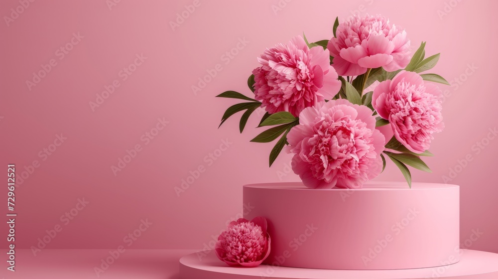 Empty pink podium and peonies flowers next to it on a minimalistic pink background