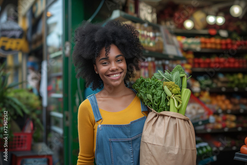 Happy woman standing with bag of groceries outside store