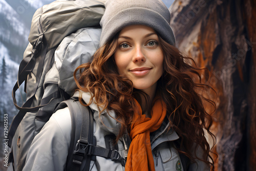 beautiful young woman tourist with a backpack travels on a hiking trip in the mountains. tourism and outdoor travel.